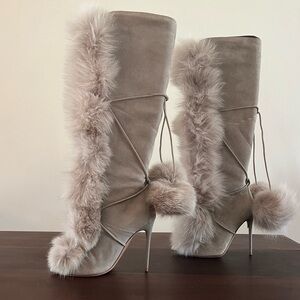 Jimmy Choo Beige Suede and Fox Fur Deeta 110 Knee High Boots Size EU 34